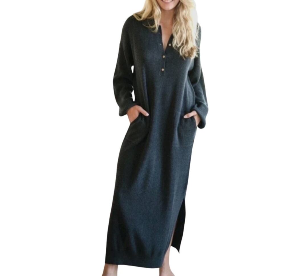Natural Life Maxi Dress Womens L XL Charcoal Ribbed Knit Polo Long Sleeve NWT